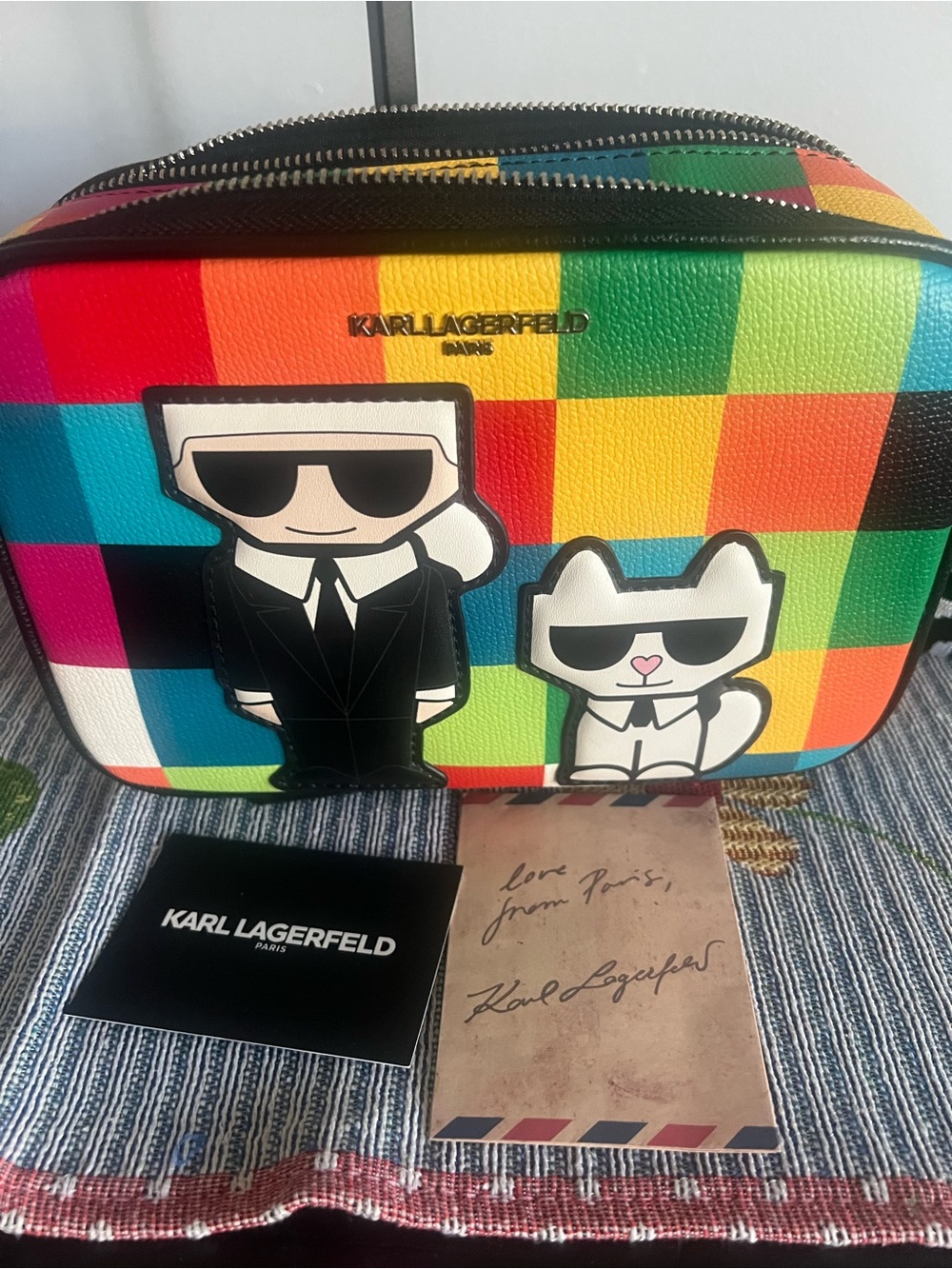 KARL LAGERFELD PARIS Maybelle Camera Crossbody Bag Multicolor Check Combo EUC - Picture 5 of 12